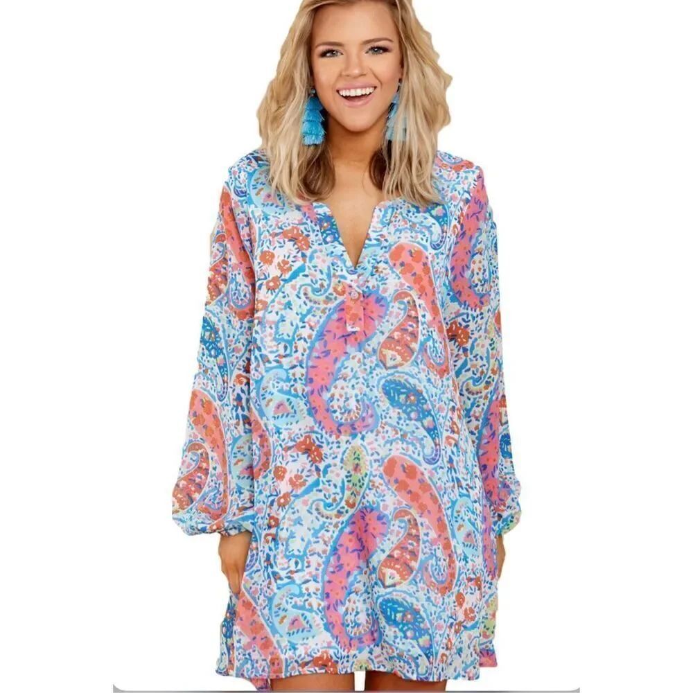 Womens Boutique Pastel Confetti Paisley Split Neck Dress - Sz XXL